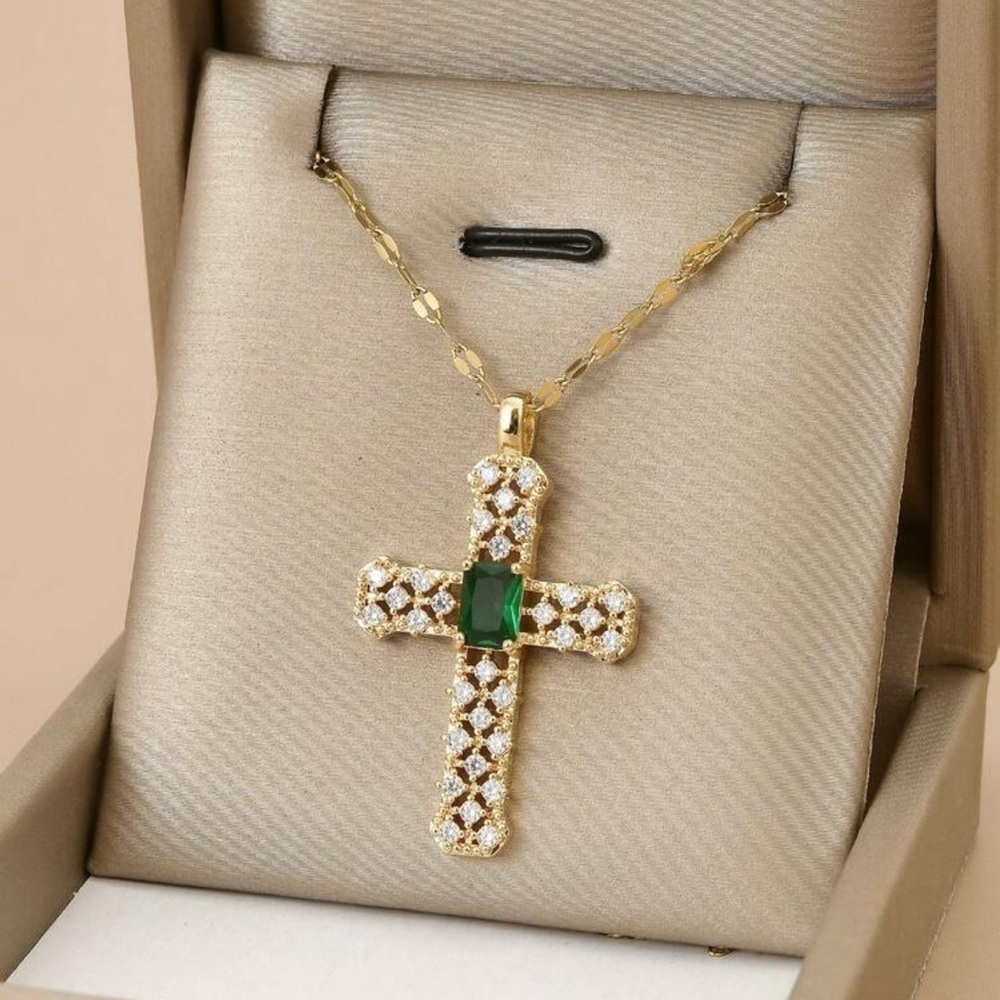 Gold Plated Stainless Steel Cross Necklace Green Cubuc Zirconia Pendant